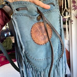 Boho Fringed Suede Crossbody Bag - Teal Blue